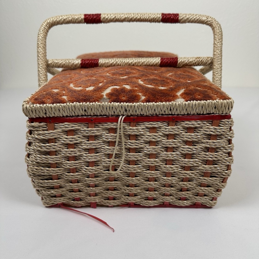 Vtg Japan Woven Wicker Sewing Basket Box Chenille Floral Lid Brass Latch - Picture 4 of 16
